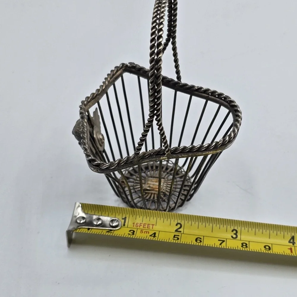 Vintage Silver Tone‎ Wire Metal Decorative Mini Basket Angel Cherub On Front